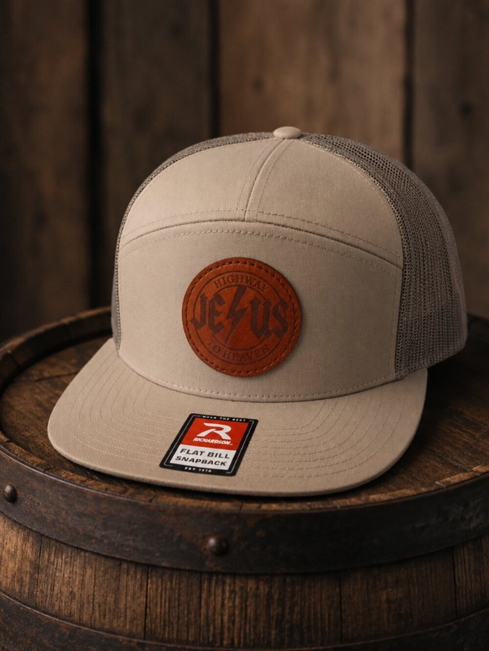 Jesus Leather Patch Richardson 168 7 Panel Flat Bill Mesh Snapback Cap Hat